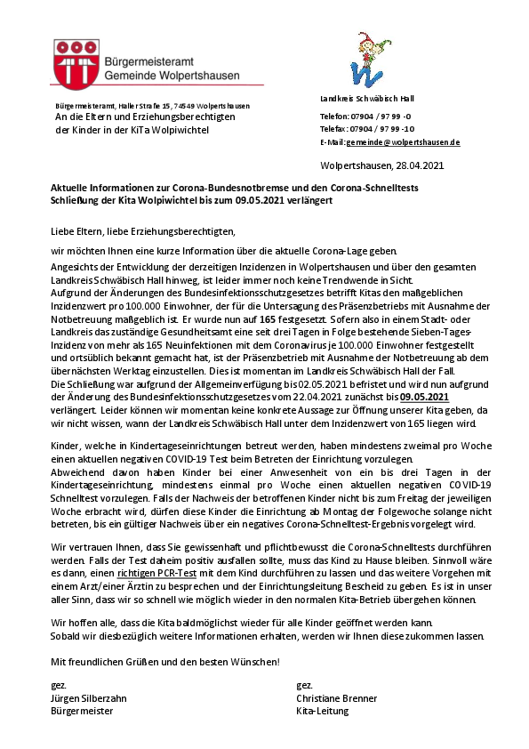 Aktuelle Informationen zur Corona-Bundesnotbremse und den Corona-Schnelltests Schließung der Kita Wolpiwichtel bis zum 09.05.2021 verlängert